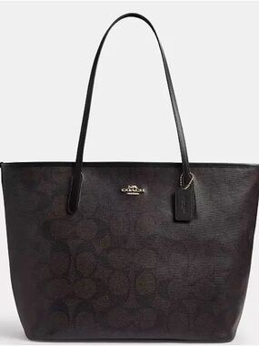 Coach Dark Brown City Zip Signature Tote with Gold Logo